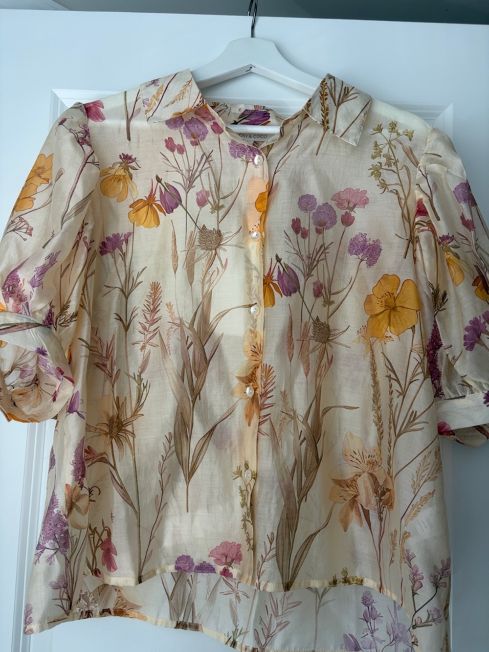 Women's Floral Button-Down Blouse - Cream with Yellow & Purple Floral Print